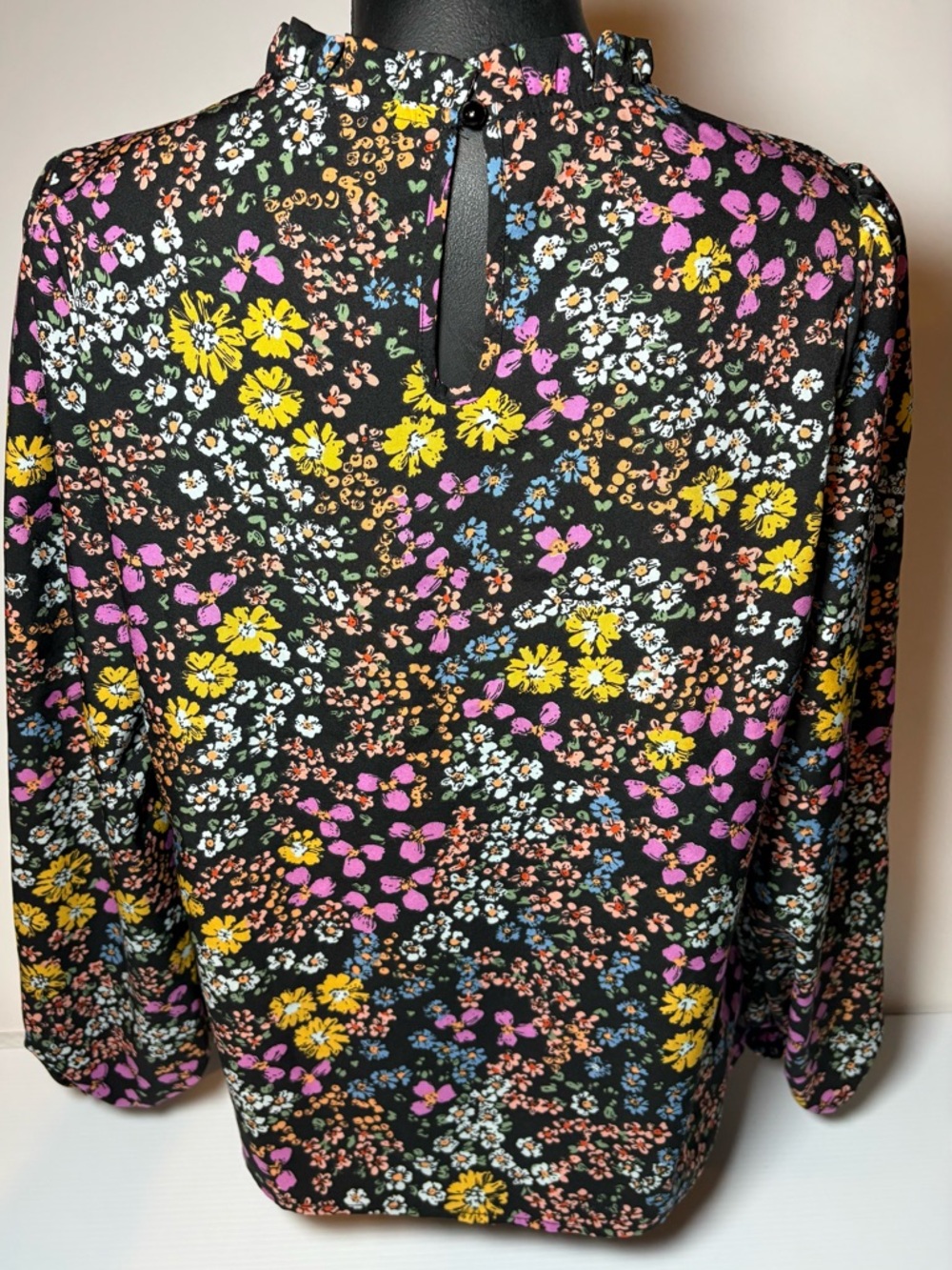Women's Black Floral Long-Sleeve Blouse - Pink, Yellow, Blue Print - Picture 6 of 6
